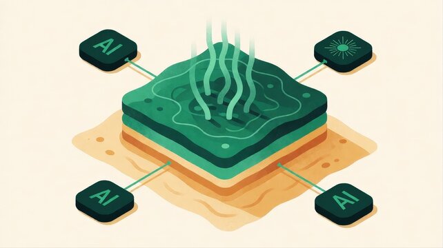 Illustration of a stylized artificial intelligence chip with digital connections and heat emissions