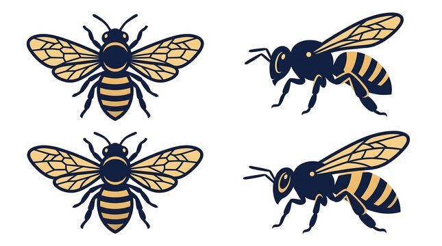 Vintage honey bee illustrations, set of four stylized bumblebee icons, black and gold insect graphics for organic branding and honey labels