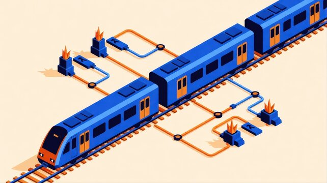 Modern blue train with electrical wiring and safety switches on a light background