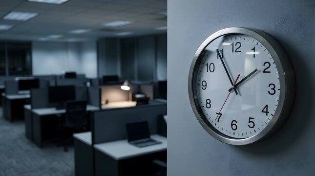 A clock on the wall displays the time in an office setting. The room is dimly lit, and workstations are empty. It indicates evening hours after regular working time