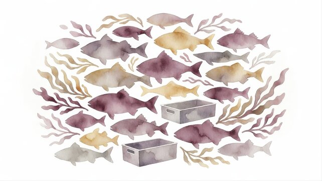 Underwater scene with diverse fish swimming near coral and empty containers