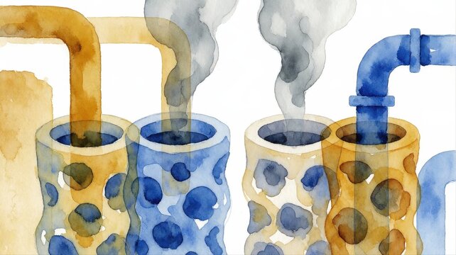 Artistic watercolor painting of four colorful ceramic drinking cups with steaming beverages and stirrers
