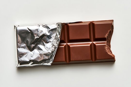 A milk chocolate bar with silver foil wrapper partially peeled back and a bite taken out of the end, isolated on white background
