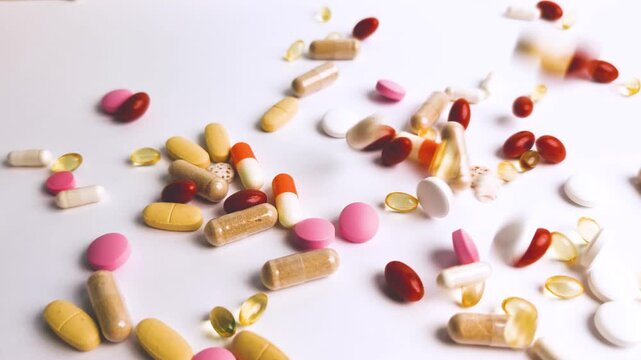 Multicolored capsule for various ailments drop and bouncing on white background Healthy lifestyle, taking vitamins Medicine and medication concept Slow motion Self care