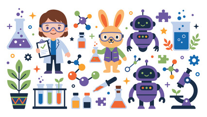 Obraz premium Science themed set with researcher rabbit robot and lab equipment items.