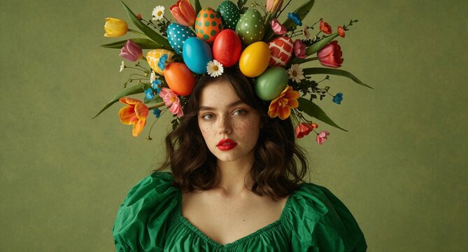 Woman wearing Easter eggs and flowers headpiece portrait