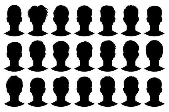 Set of diverse male silhouette avatars collection of man head icons with various hairstyles isolated on white background
