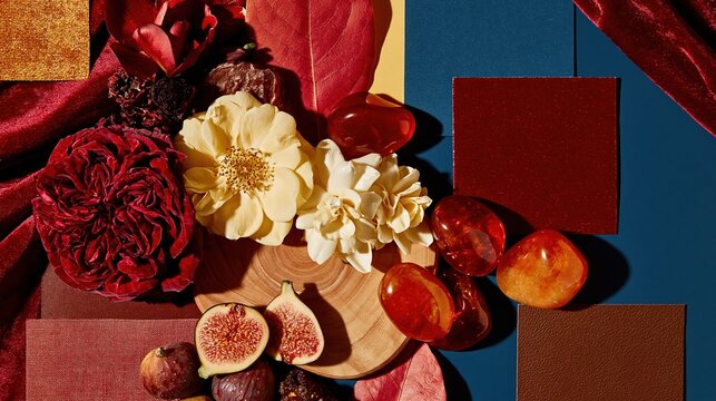 Rich Autumnal Mood Board with Deep Reds, Oranges, and Earth Tones Featuring Flowers, Fruits, and Textures
