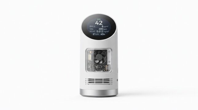 Modern air quality monitor with digital display. Smart home sensor for indoor pollution tracking. White electronic air purifier device.
