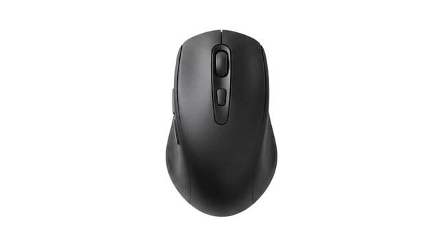 View of a black wireless computer mouse with png on isolated transparent background
