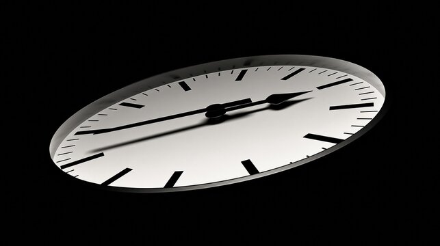 Close-up of a modern analog wall clock with black hands against a stark black background, conveying a sense of time passing.