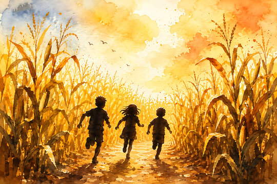 Children running through corn maze, watercolor illustration