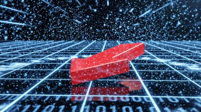 A bright red arrow points down toward a glowing digital grid