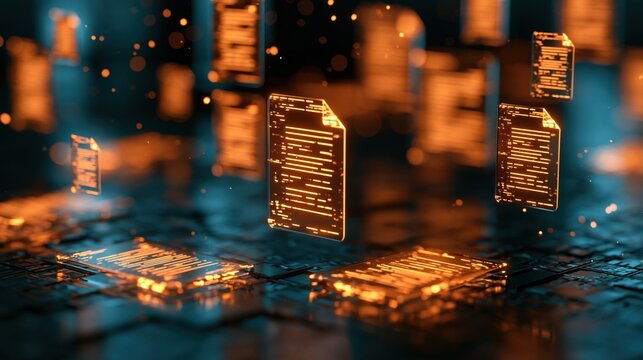 Abstract glowing digital documents floating in a futuristic data network with orange and blue lighting
