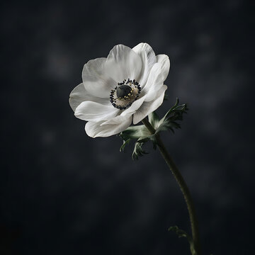 A single delicate white anemone flower isolated against a dark, moody, textured background for artistic floral photography
