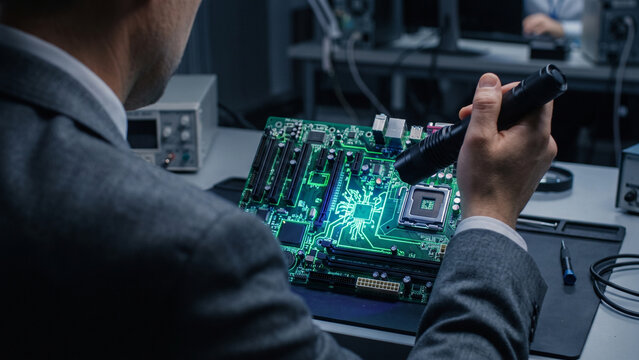 Electronics Technician Inspecting Computer Motherboard with Flashlight in Laboratory