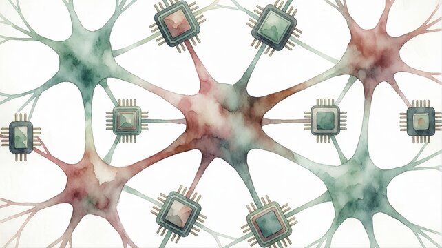 Artistic illustration of interconnected neurons with integrated circuit chips