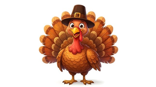 A cute cartoon turkey wearing a pilgrim hat standing isolated on a white background wishing you a happy thanksgiving holiday