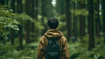 Fototapeta premium Person with backpack walking through lush green forest, exploring nature and wilderness