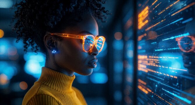 Cyberpunk Woman Coding with Glowing Glasses