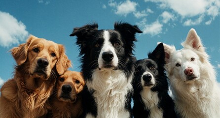 Fototapeta premium Group of Five Different Dog Breeds Portrait Against Blue Sky