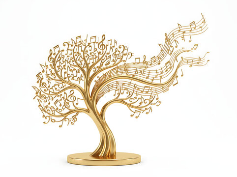 Golden music tree sculpture with staff lines and musical notes on white background representing harmony and creativity in art.