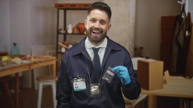 Man detective with badge and id holding a sealed evidence bag with gloved hand in a studio workspace showing a bullet cartridge; duty.