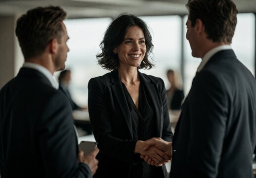 Businesswoman Shaking Hands with Male Colleagues in Modern Office