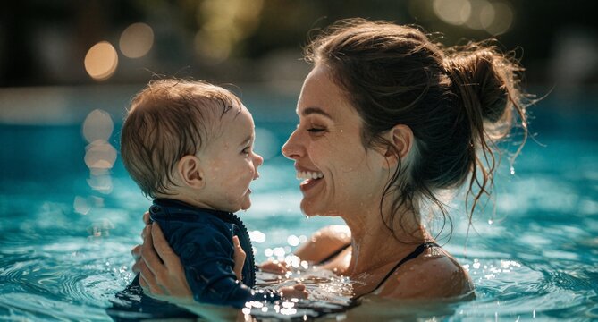 Happy Mother Holding Baby in Swimming Pool at Sunset