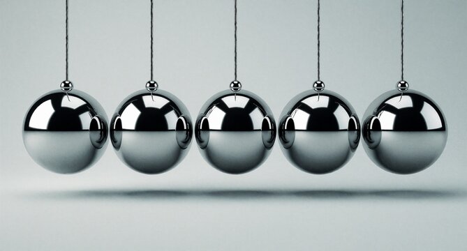 Five Shiny Chrome Spheres Hanging on Strings Isolated on White Background