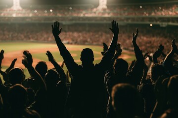 Fototapeta premium Excited Crowd Cheering with Hands Raised at a Night Baseball Game Stadium Event