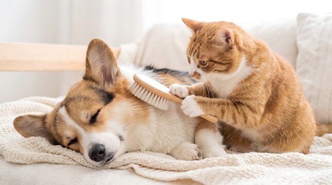 Cat Brushing Dog&rsquo;s Fur with Soft White Grooming Brush