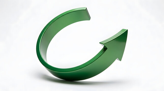 Metallic green circular arrow graphic forming semi loop on white background representing recycling process and renewal concept.
