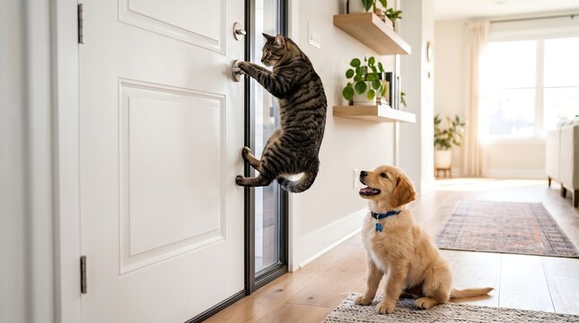 Clever Cat Unlocking Room Door Handle for Waiting Puppy