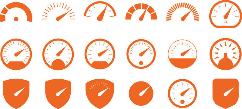 Speedometer, dashboard gauge icons featuring tachometers, speed meters, dial indicators, racing performance and speed measurement symbols.
