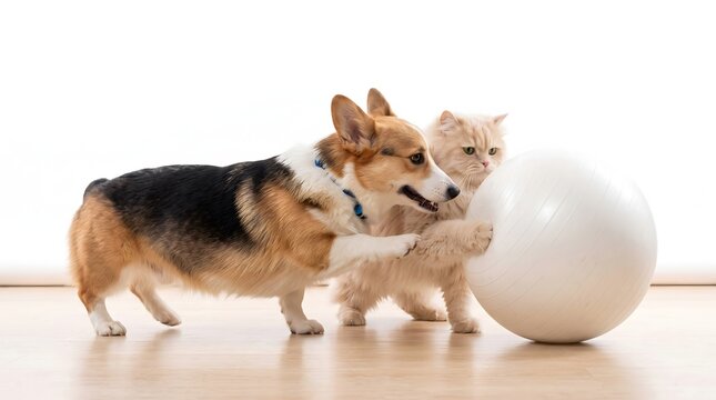 Dog and Cat Rolling a Large White Ball Together