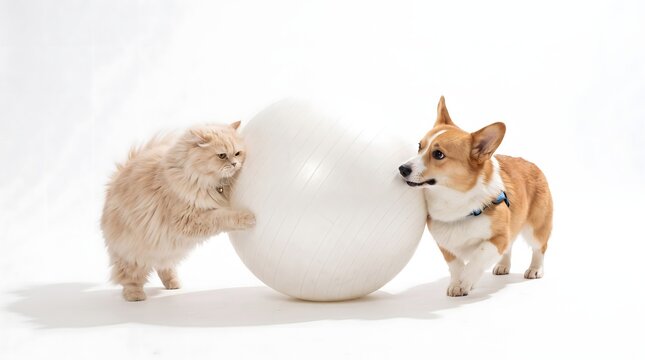 Dog and Cat Rolling a Large White Ball Together