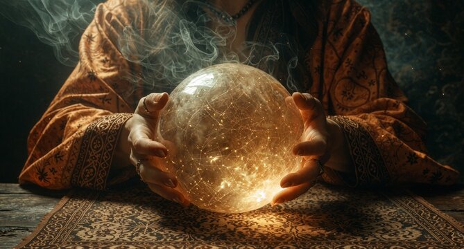 Mystic Fortune Teller Holding Glowing Crystal Ball with Smoke and Magic Sparkles