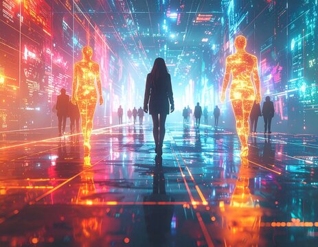 People Walking Across a Glowing Digital Surface Representing Future Communication, Virtual Connectivity and Technology