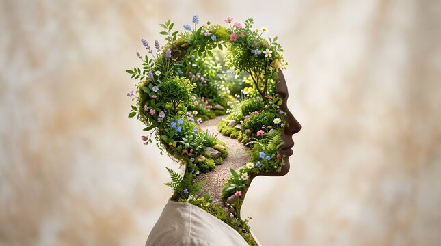 Conceptual double exposure portrait of a human head filled with lush green trees for world mental health day awareness