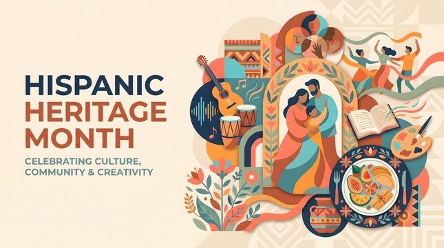 Hispanic Heritage Month Illustrated Banner with Hispanic Family Portrait Latin Dancers Acoustic Guitar and Festive Food