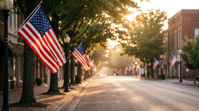 Single American Flag on Lamp Post Along Quiet Town Street for Patriotic Community and Small Business Content