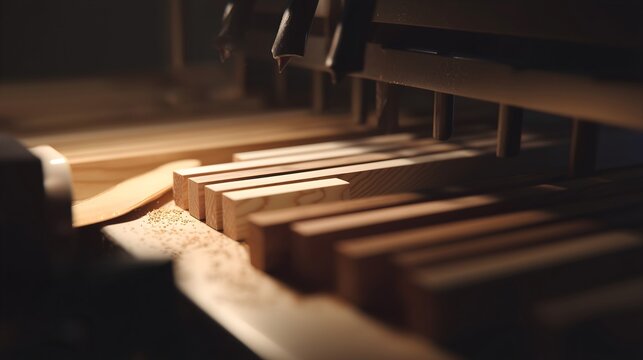 Cinematic shot of wood slats processing on industrial conveyor belt