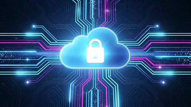 Cloud cybersecurity lock with glowing digital circuits, secure data storage, encryption network protection, online privacy, cloud computing and futuristic technology security animation video