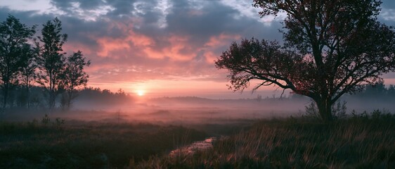 Obraz premium Misty Sunrise Over Rural Landscape with Silhouetted Trees and Fiery Sky