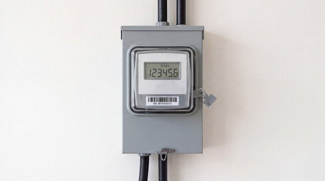 Modern digital electricity kWh smart meter in gray and silver tones for energy measurement and residential utility monitoring [with copy space]
