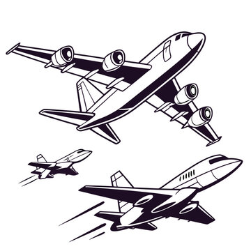 A large four-engine transport plane flying in formation with a smaller fighter jet, depicted in a clean monochrome line style