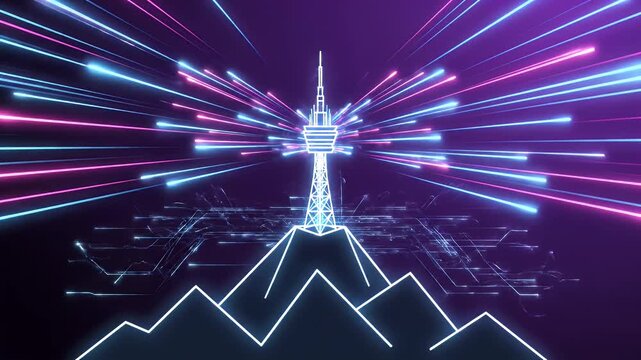 Futuristic neon telecommunications tower on mountain peak emitting glowing data signals and light rays against a dark purple digital background for connectivity and network technology concepts.