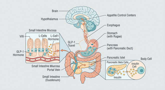 GLP-1 Hormone Release and Insulin Signaling Pathway Medical Illustration