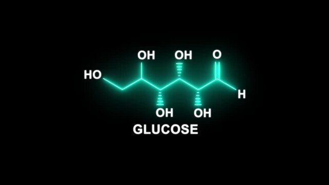 neon Glucose molecule on black Background. glowing formula of Glucose. Glucose Molecular Structure Symbol icon Animation. Glucose Molecule Structure icon.
